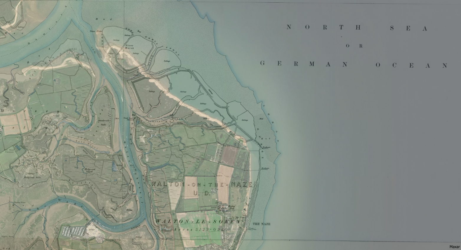 The Naze, Walton – OS Coastline 1888-1913 and Satellite 2024